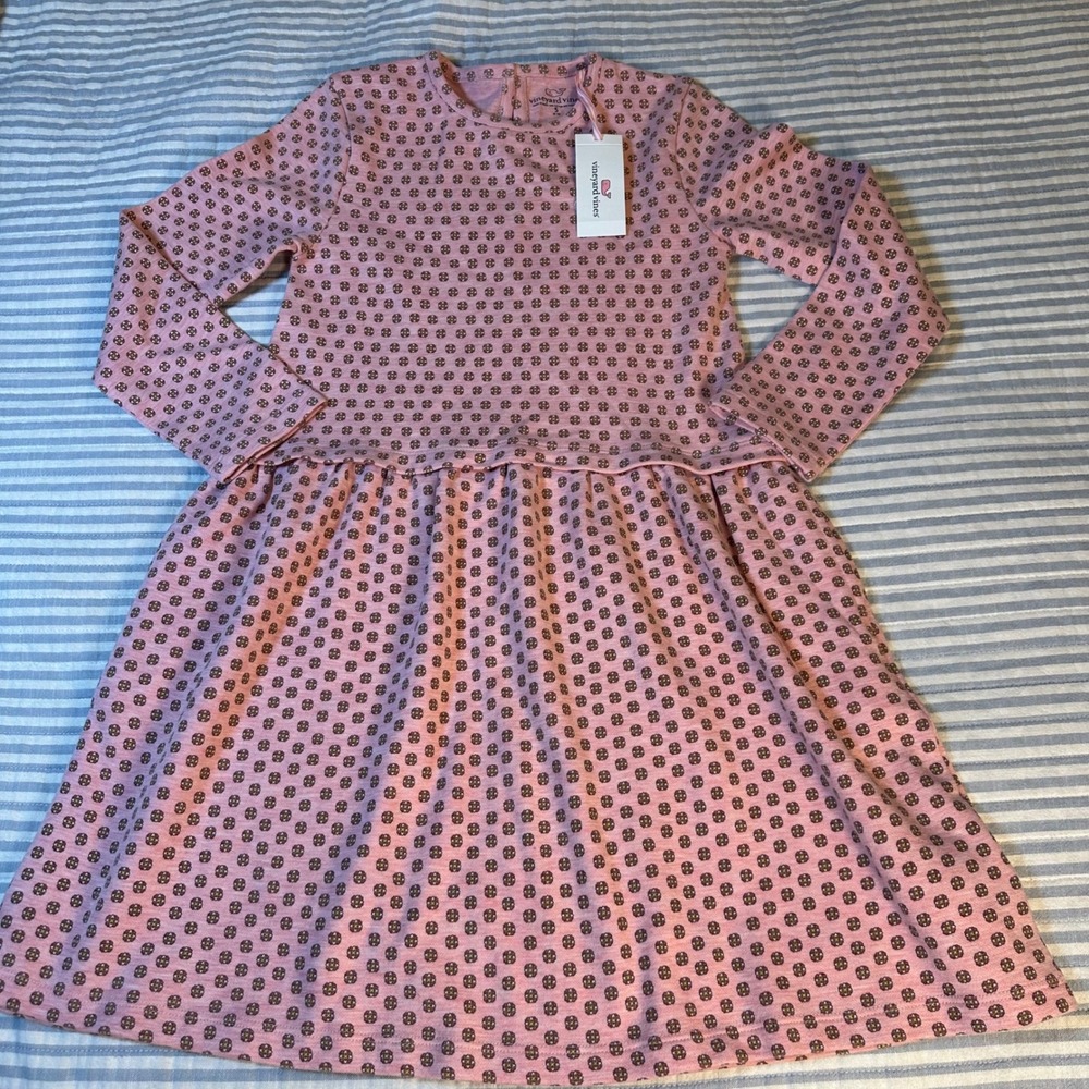 Vineyard Vines Girls Saltwater Dress Pink Geo Palm Beach Long Sleeve Size S 8-10